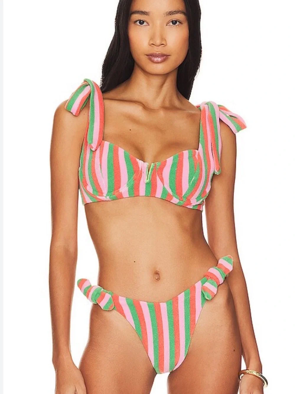 Beach Riot Palm Stripe Pink & Green Striped Tie-Shoulder Bikini